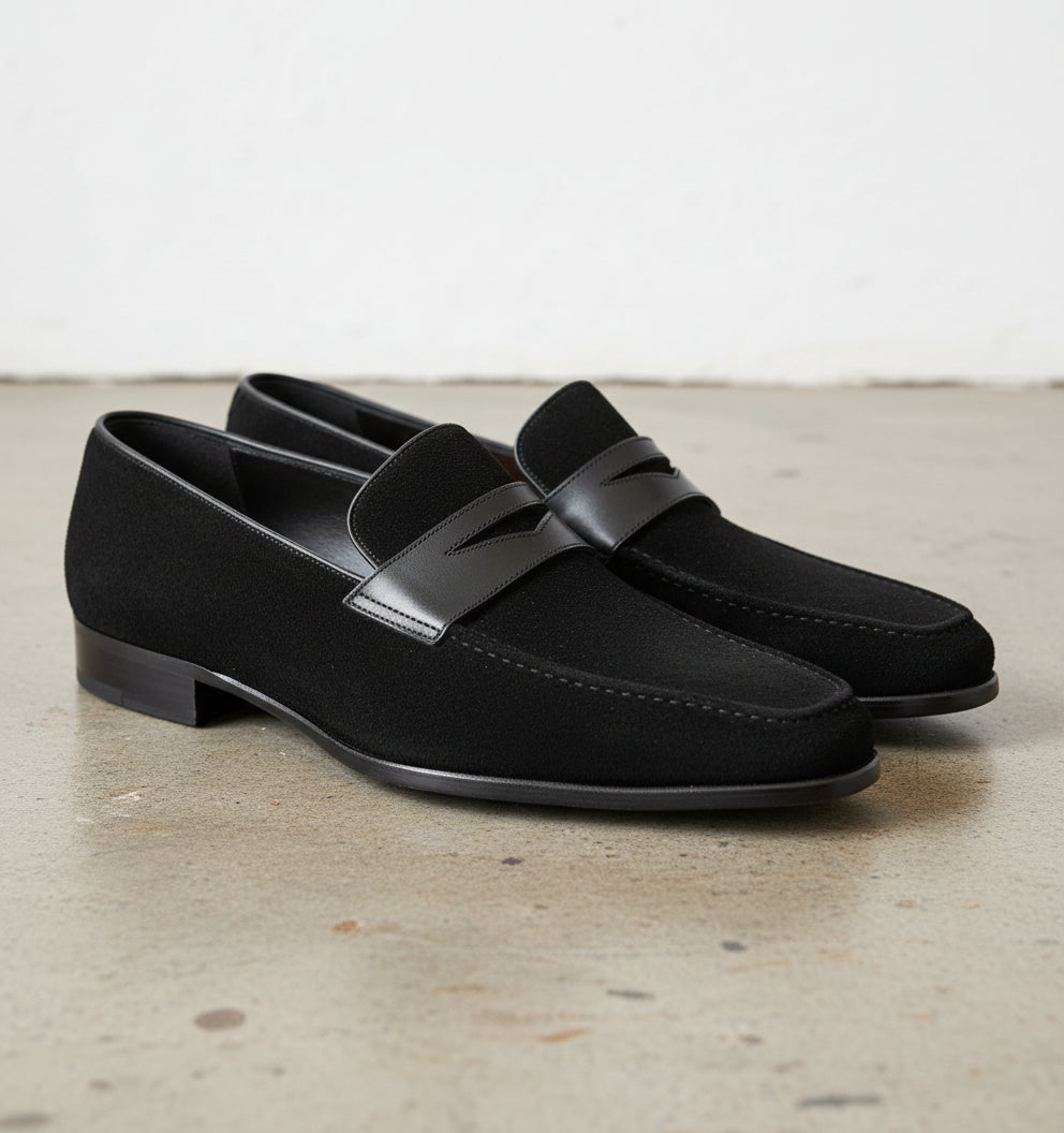 Men Oxford formal black leather shoes, black Suede moccasins shoes - angle-view-showing-depth