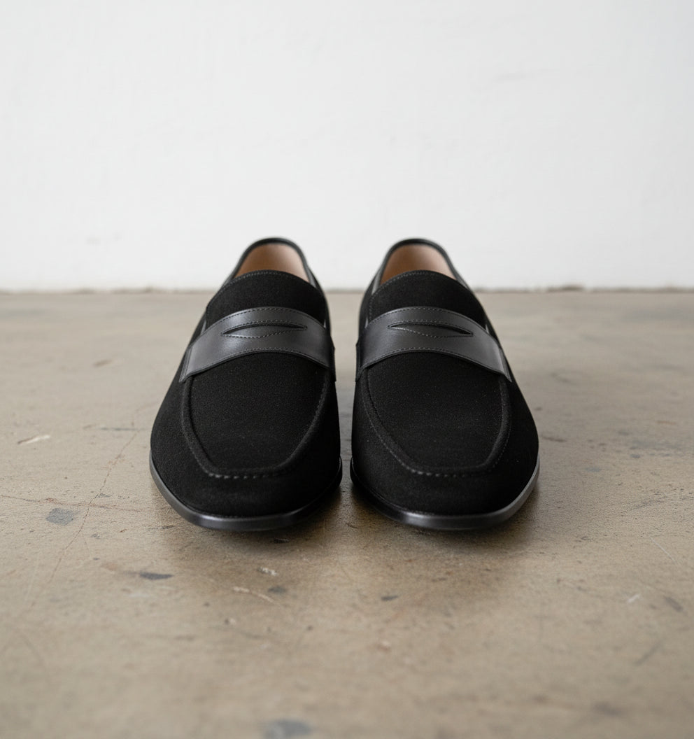 Men Oxford formal black leather shoes, black Suede moccasins shoes - front-view