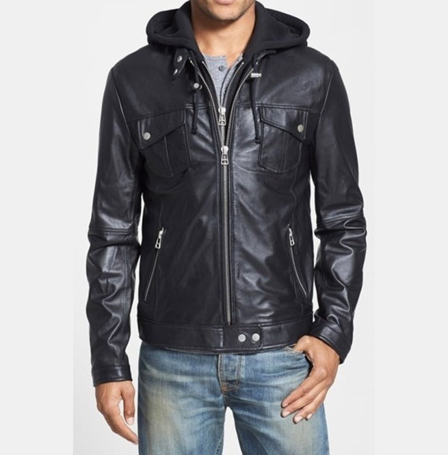 Punk Men Hooded Leather Jacket Black Biker Leather Jacket Fashion Jacket