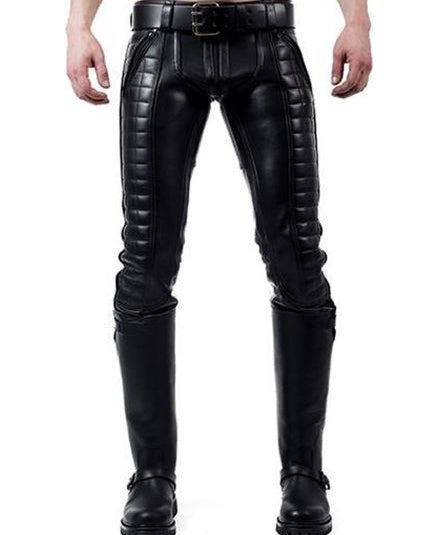 Punk Men Style Black Pant Cow Leather Quilted Jeans Rock Fashion Pant