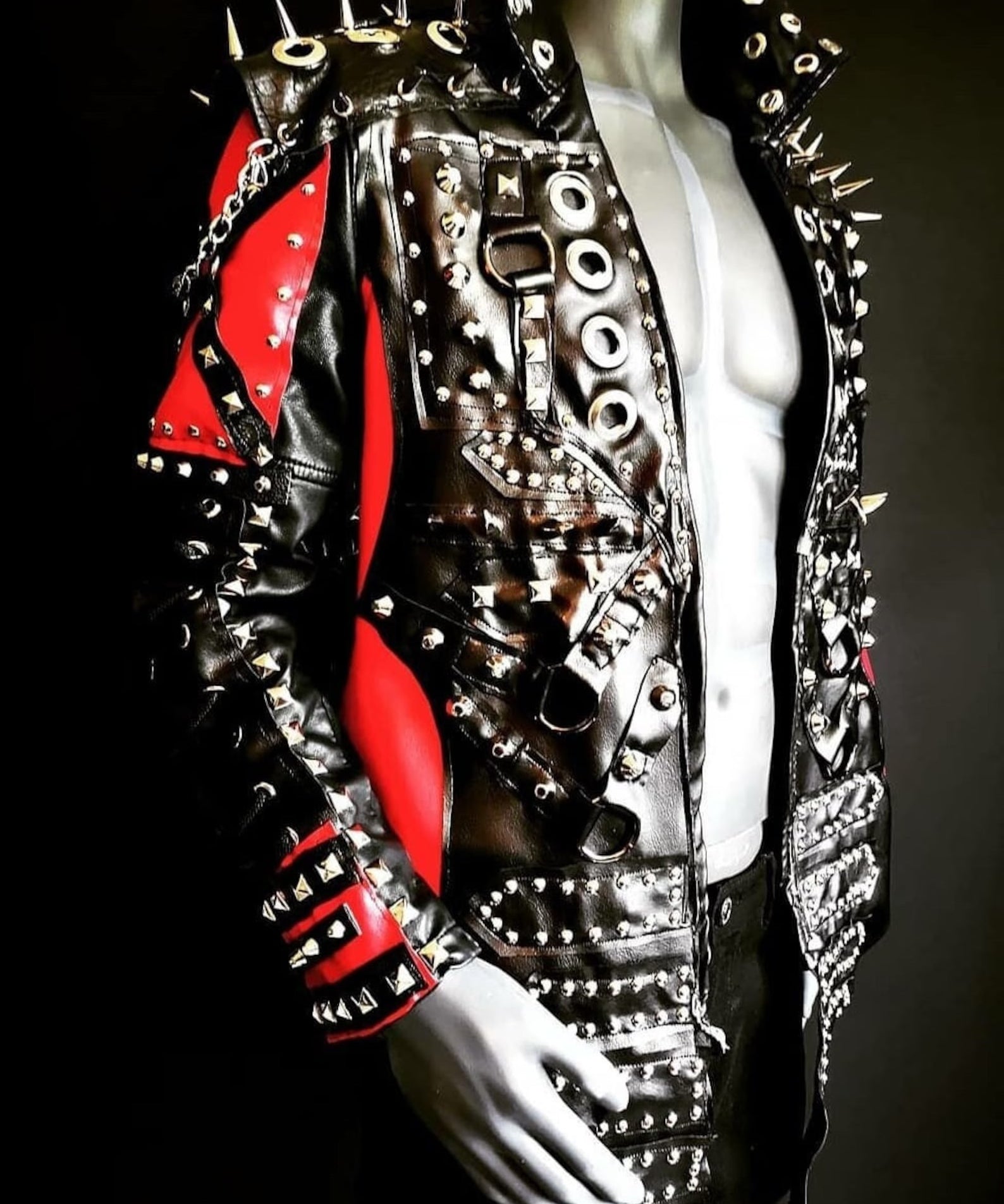 Men Red and Black Gothic studded leather jacket, Men studded jacket