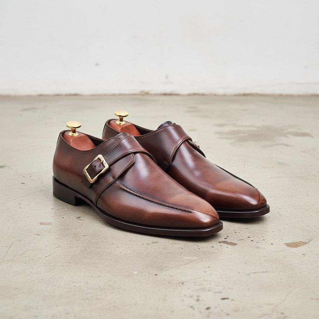 Men Shaded Brown Leather Handmade Monk Shoes, Formal Office Monk Shoes - 3-4-right-view