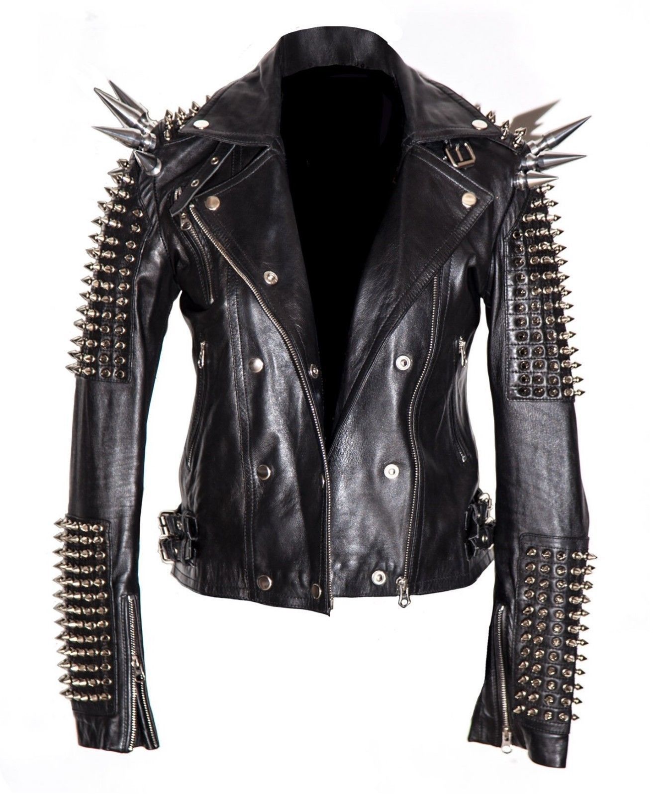 Punk Men Silver Studded Long Spiked Jacket Leather Black Rock Style Jacket