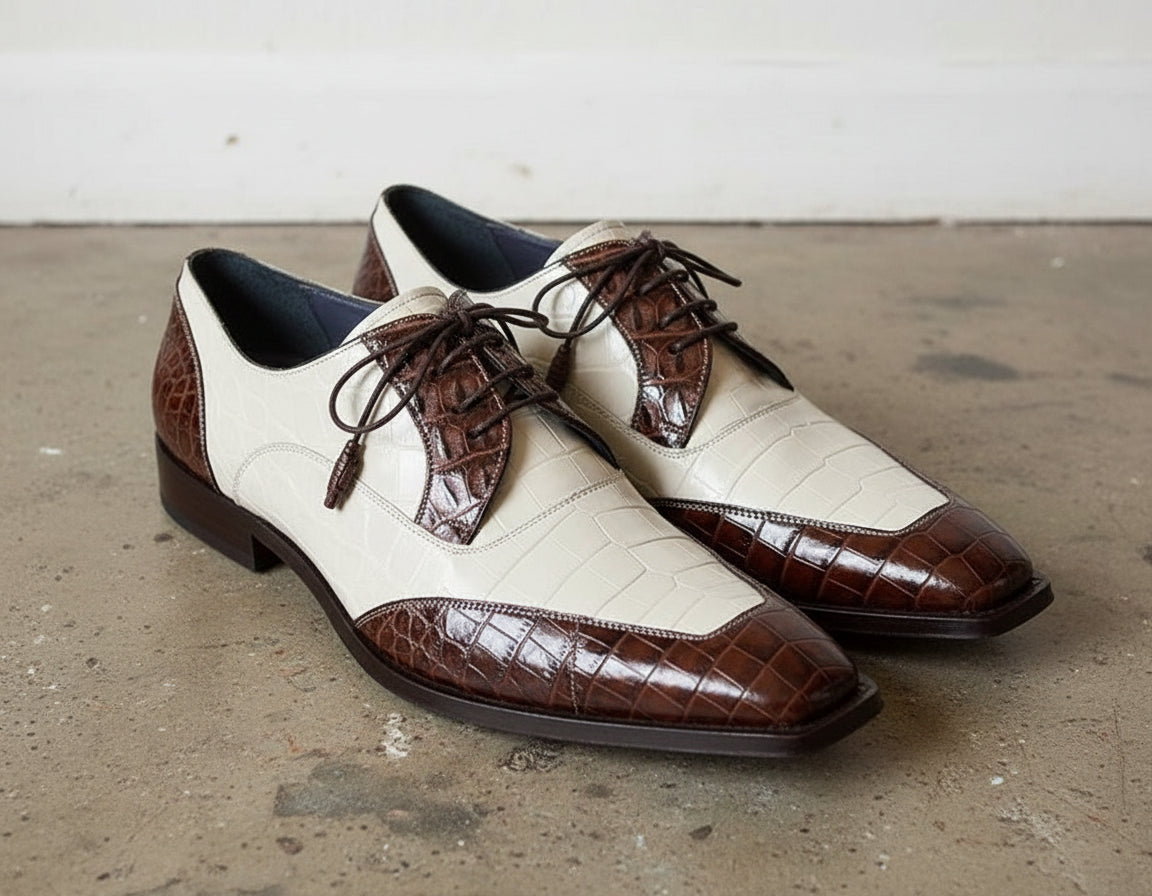 Men Spectator Shoes, Brown And White Crocodile Texture Two Tone Shoes