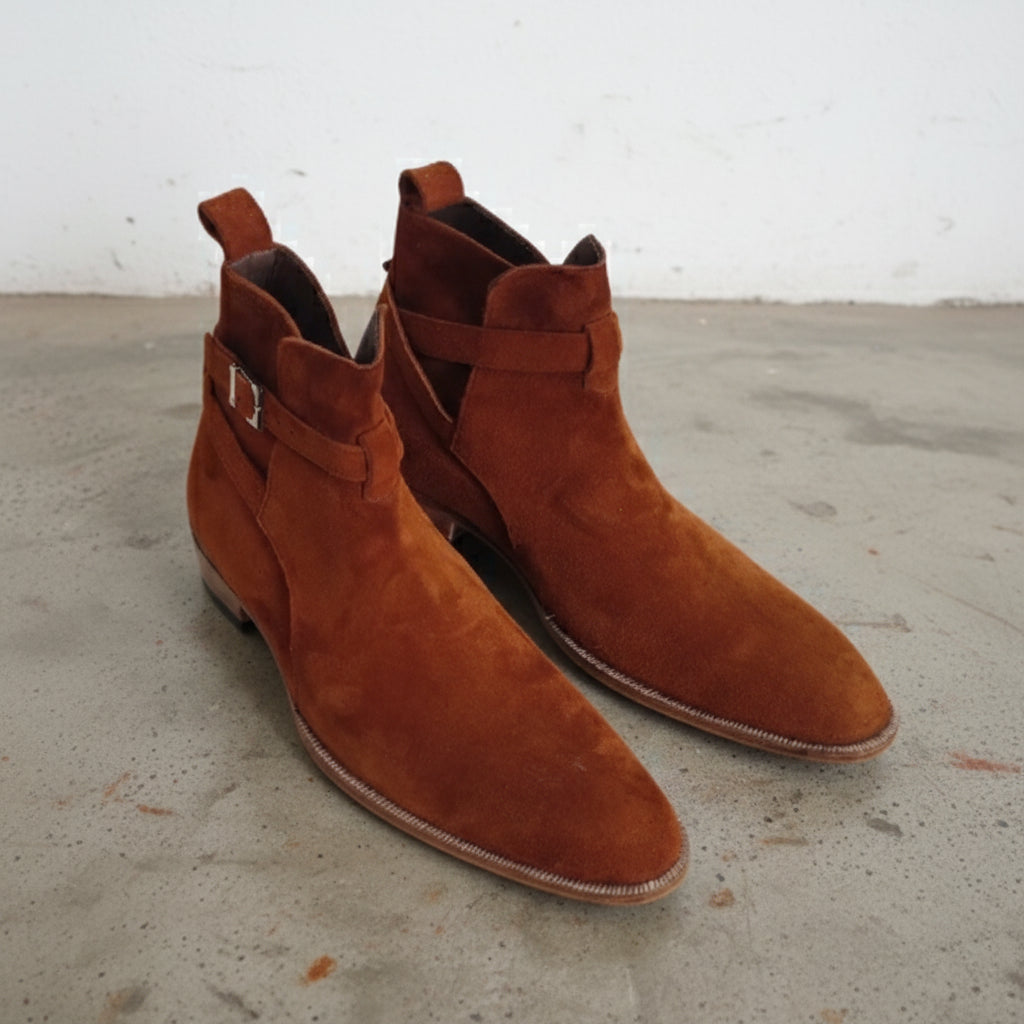 Men Tan Brown Suede Jodhpurs Boots, Fashion Style Ankle High Boots - angle-view-showing-depth