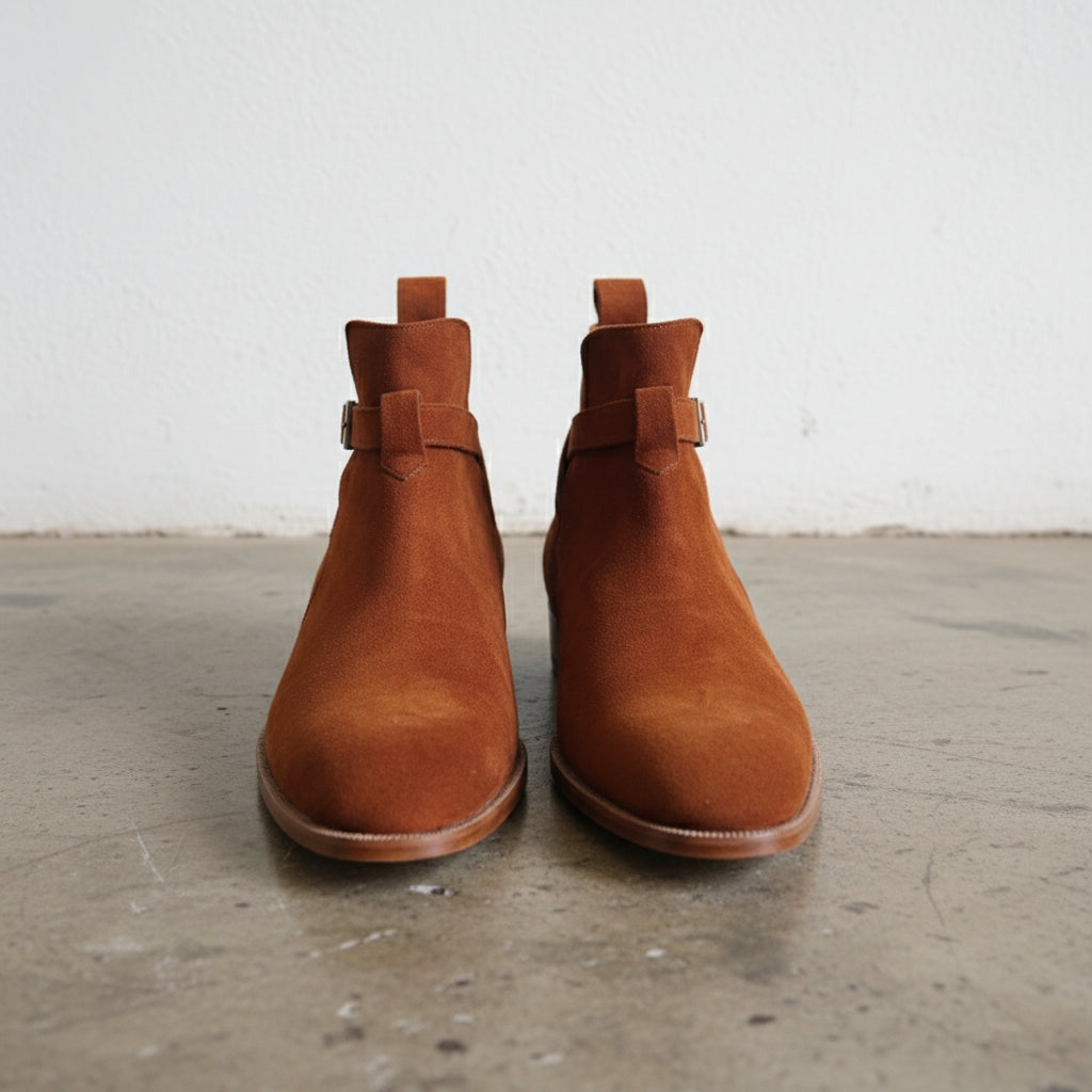 Men Tan Brown Suede Jodhpurs Boots, Fashion Style Ankle High Boots - front-view