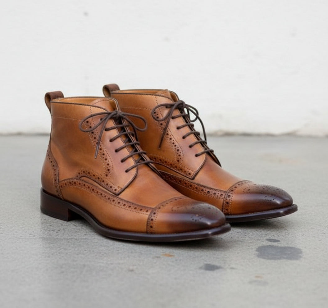 Men Tan Brown Wing Tip Brogue Ankle High Lace Up Boots, Ankle Boots