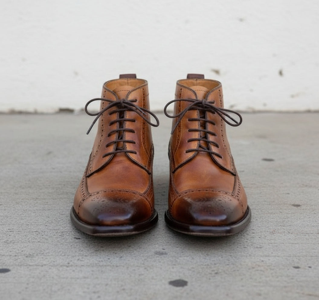 Men Tan Brown Wing Tip Brogue Ankle High Lace Up Boots, Ankle Boots