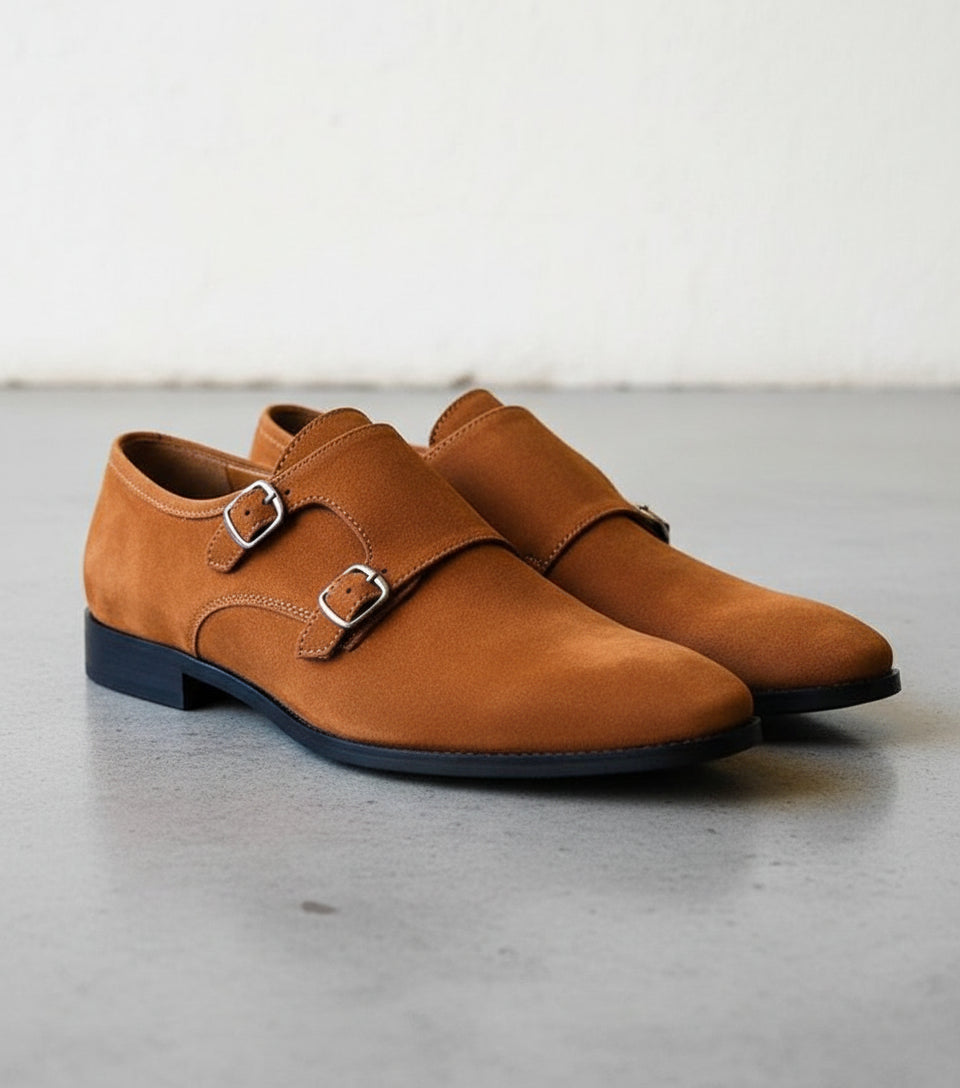 Men Tan Color Formal Double Monk Shoes, Classic Suede Dress Shoes - 3-4-right-view