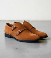 Men Tan Color Formal Double Monk Shoes, Classic Suede Dress Shoes - 3-4-right-view