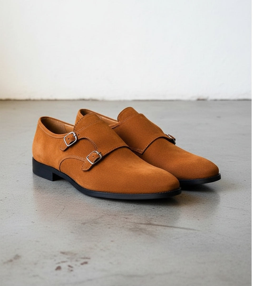 Men Tan Color Formal Double Monk Shoes, Classic Suede Dress Shoes - angle-view-showing-depth