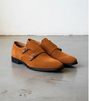Men Tan Color Formal Double Monk Shoes, Classic Suede Dress Shoes - angle-view-showing-depth