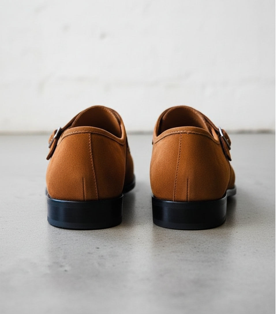 Men Tan Color Formal Double Monk Shoes, Classic Suede Dress Shoes - back-view
