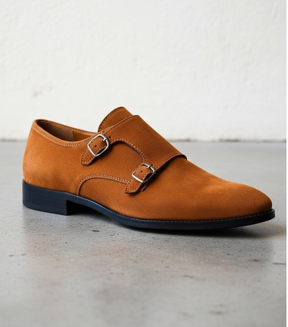 Men Tan Color Formal Double Monk Shoes, Classic Suede Dress Shoes - detail-view-showing-texture
