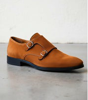 Men Tan Color Formal Double Monk Shoes, Classic Suede Dress Shoes - detail-view-showing-texture