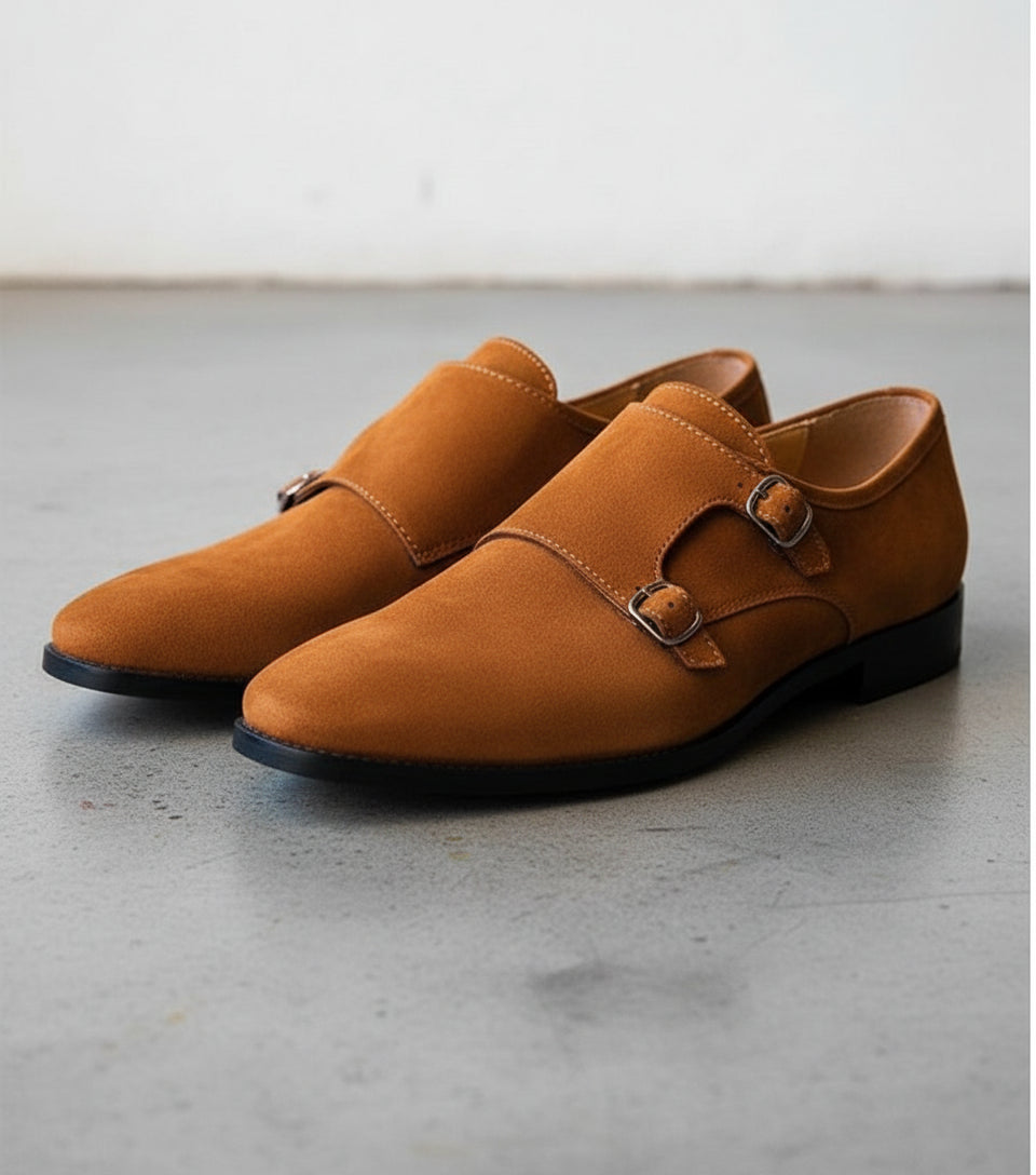 Men Tan Color Formal Double Monk Shoes, Classic Suede Dress Shoes - front-view