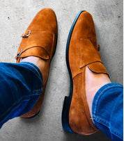 Men Tan Color Formal Double Monk Shoes, Classic Suede Dress Shoes