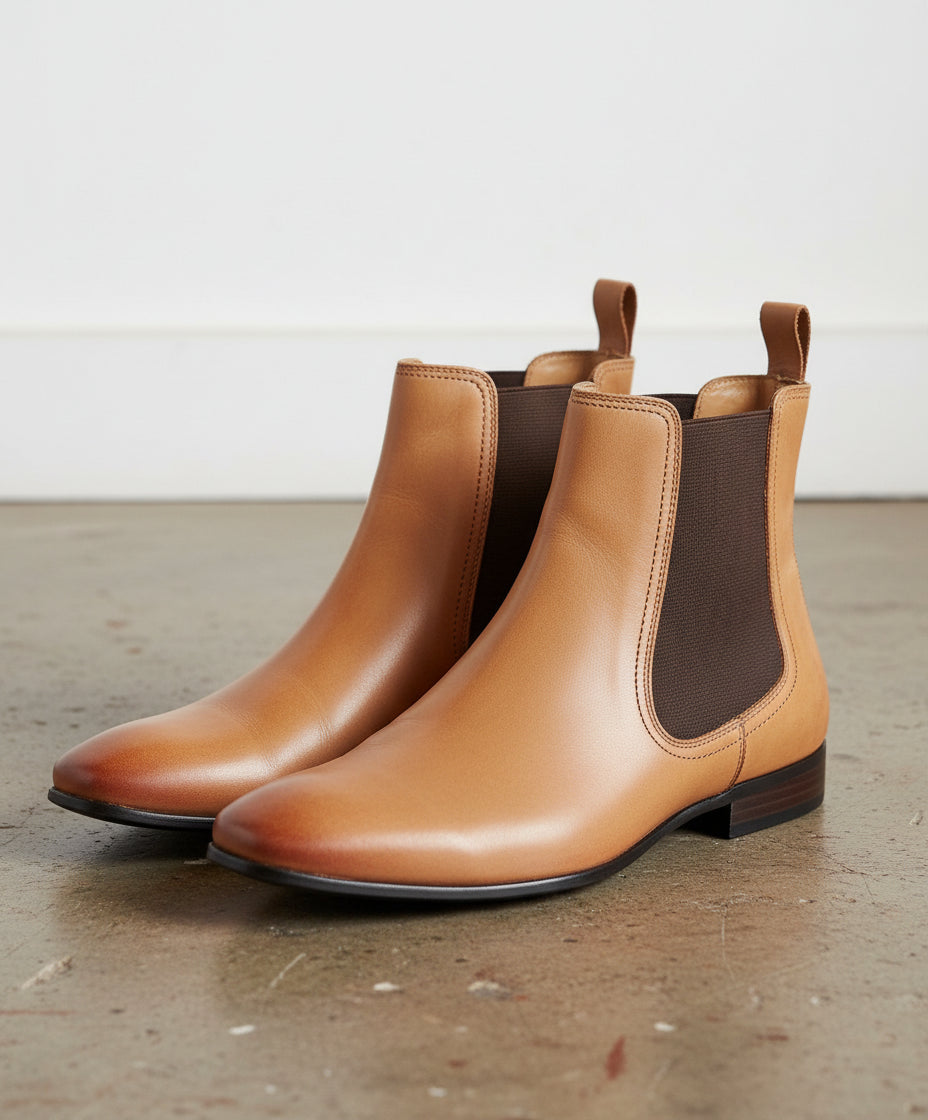 Men Tan color Leather Chelsea boots, casual Leather ankle boots - angle-view-showing-depth