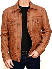 Men's Brown Leather Trucker Jacket, Men Tan Tan Genuine Leather Jacket