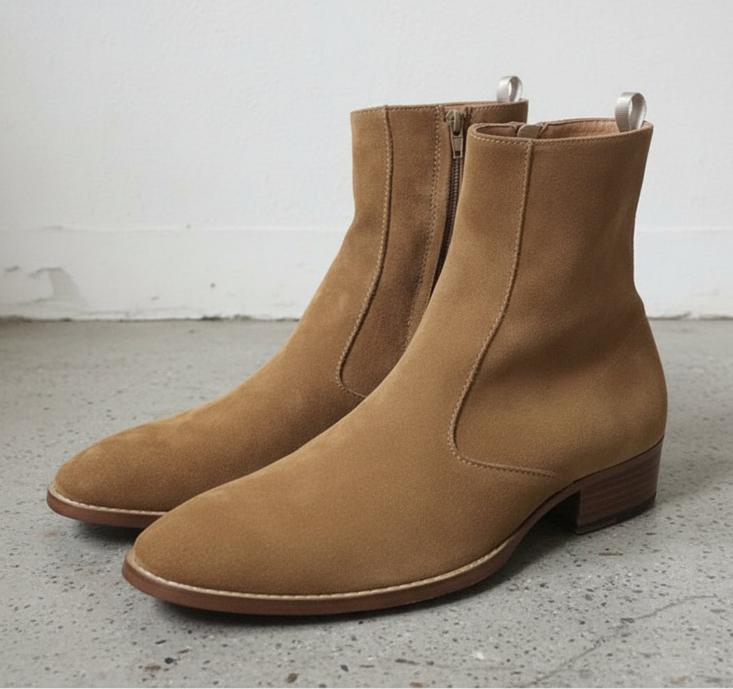 Men Tan Color Suede Ankle Boots Side Zipper Boots, Zipper Boots - 3-4-right-view