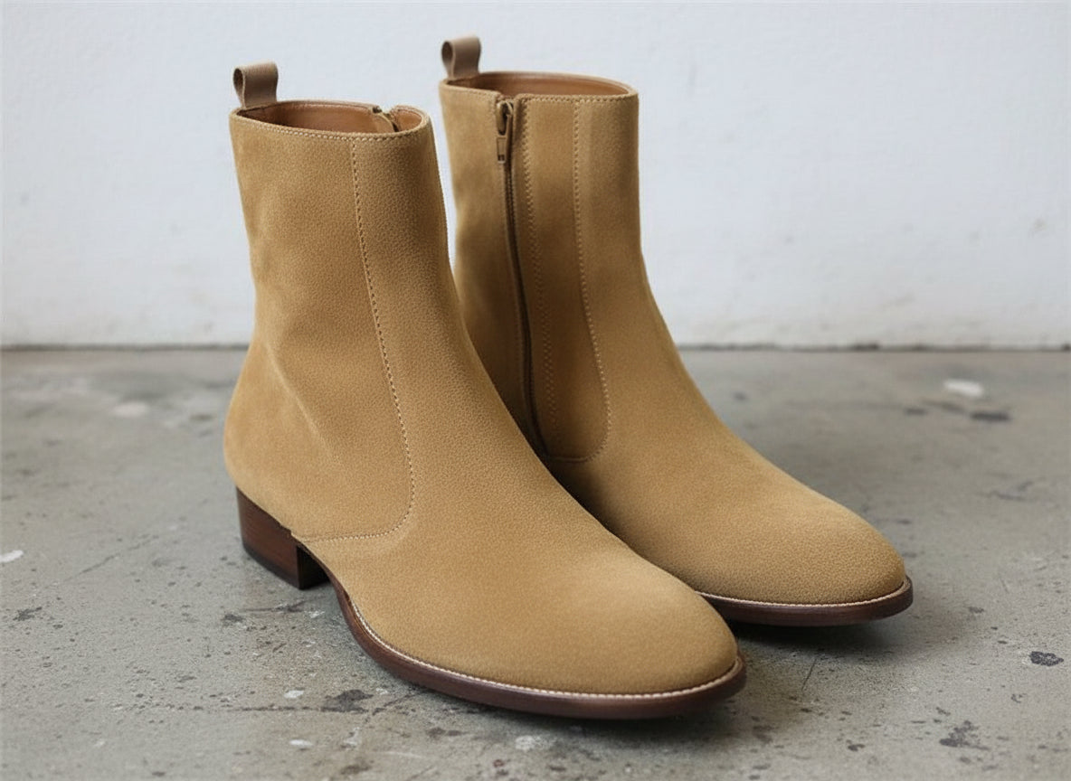 Men Tan Color Suede Ankle Boots, Side Zipper Boots, Ankle Boots