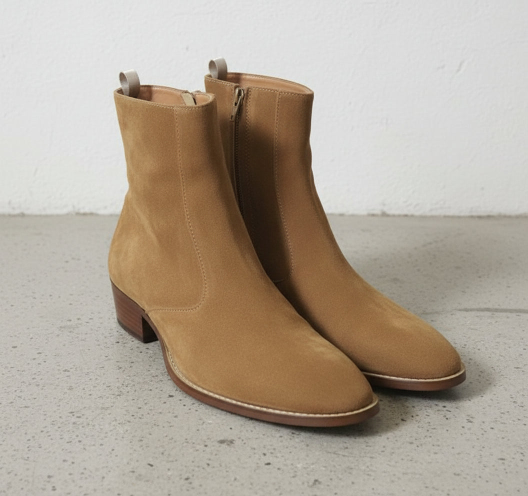 Men Tan Color Suede Ankle Boots Side Zipper Boots, Zipper Boots - angle-view-showing-depth
