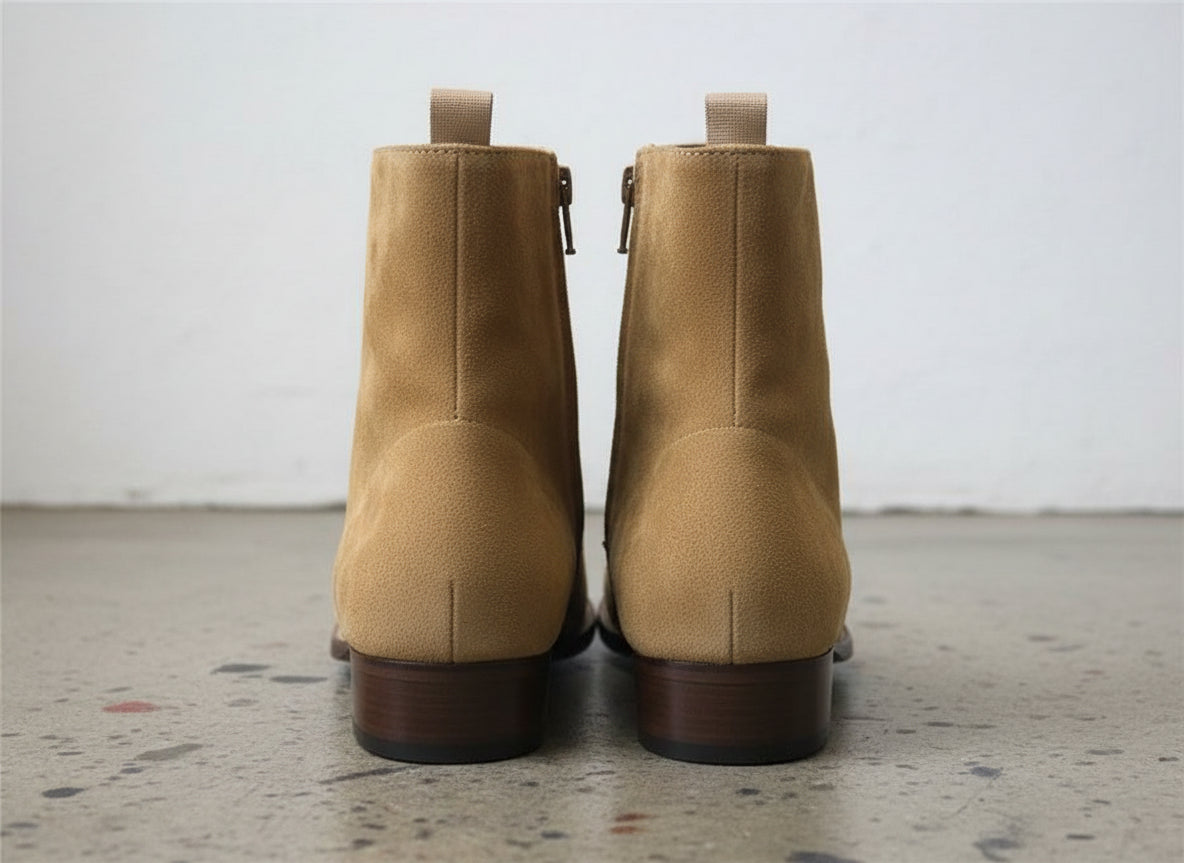 Men Tan Color Suede Ankle Boots, Side Zipper Boots, Ankle Boots