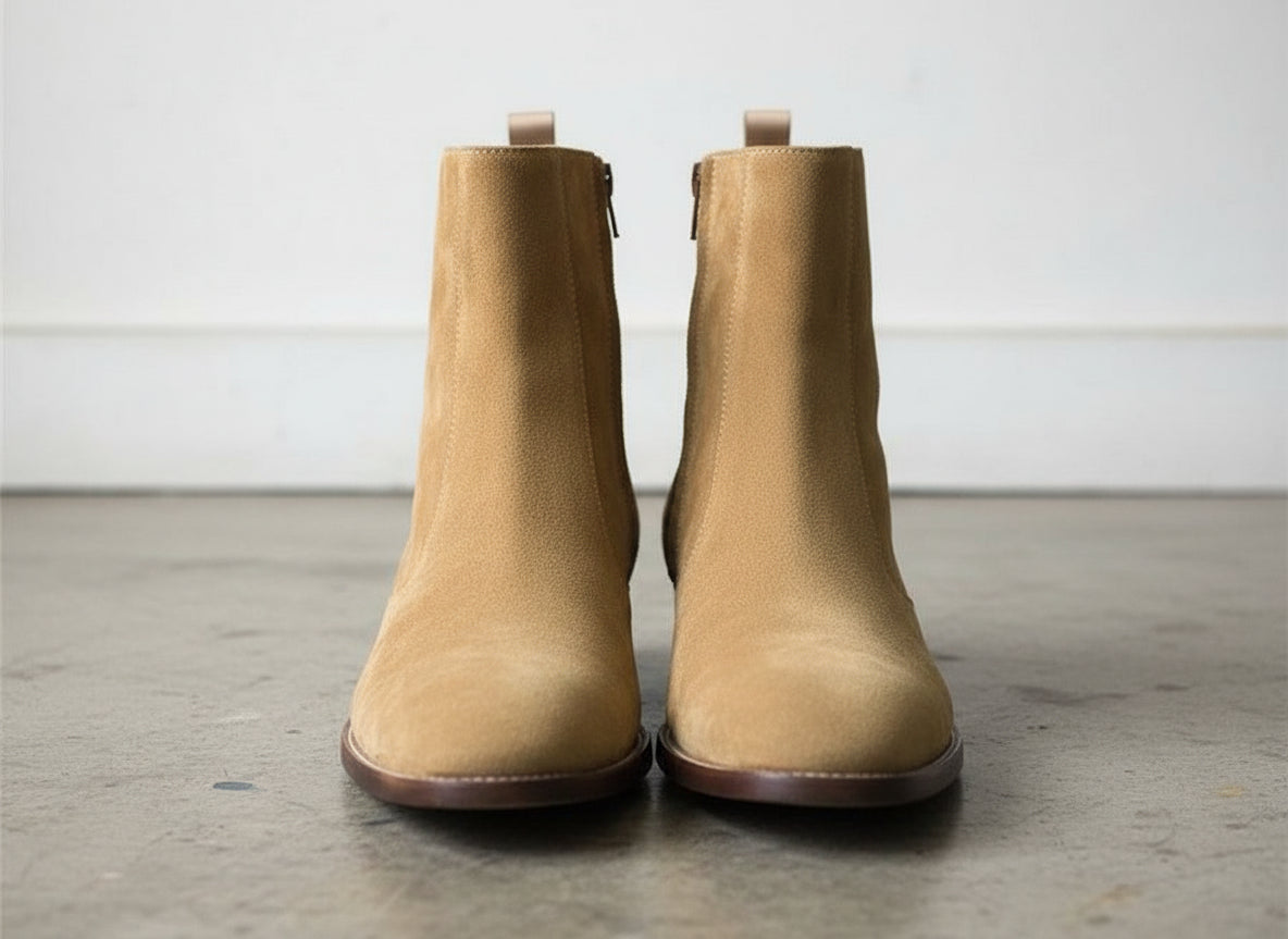 Men Tan Color Suede Ankle Boots, Side Zipper Boots, Ankle Boots