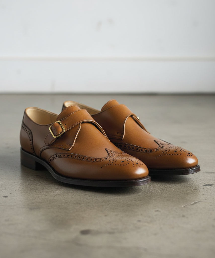 Men tan wing tip brogue monk shoes, Men tan brown business dress shoes - angle-view-showing-depth