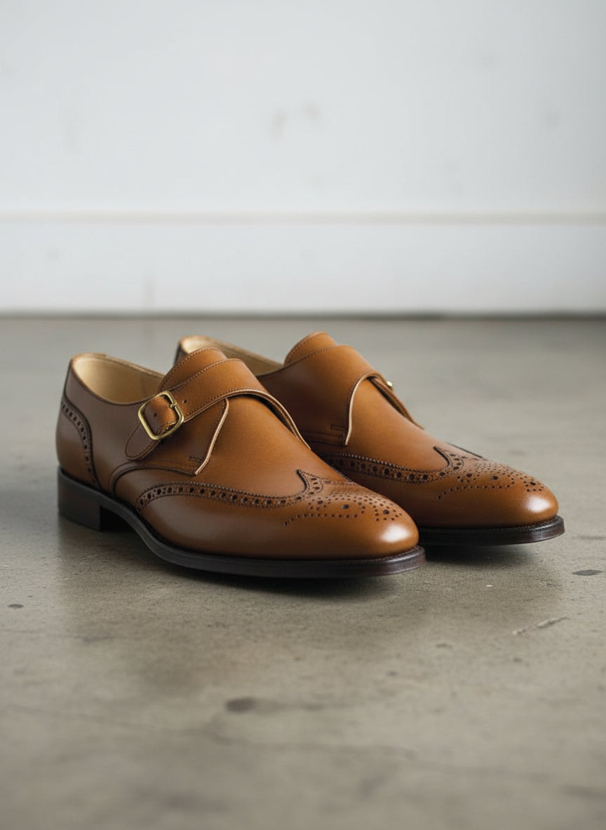 Men tan wing tip brogue monk shoes, Men tan brown business dress shoes - angle-view-showing-depth