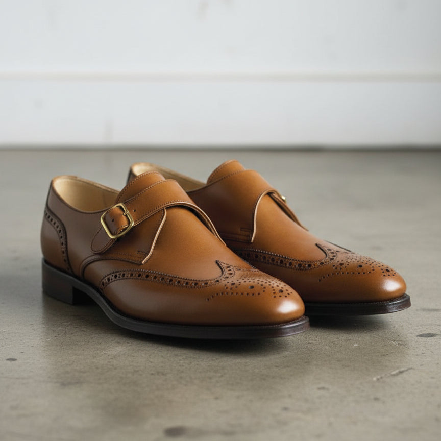 Men tan wing tip brogue monk shoes, Men tan brown business dress shoes - angle-view-showing-depth