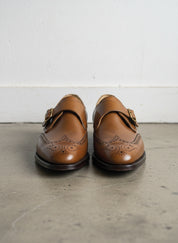 Men tan wing tip brogue monk shoes, Men tan brown business dress shoes - front-view