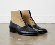 Men Two Tone Boots, Tan And Black Lace Up Boot, Ankle Leather Boot - angle-view-showing-depth