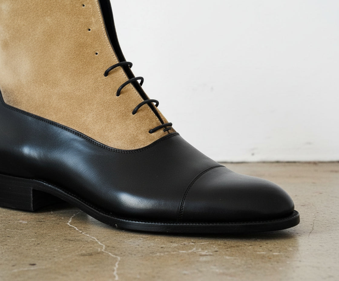 Men Two Tone Boots, Tan And Black Lace Up Boot, Ankle Leather Boot - detail-view-showing-texture