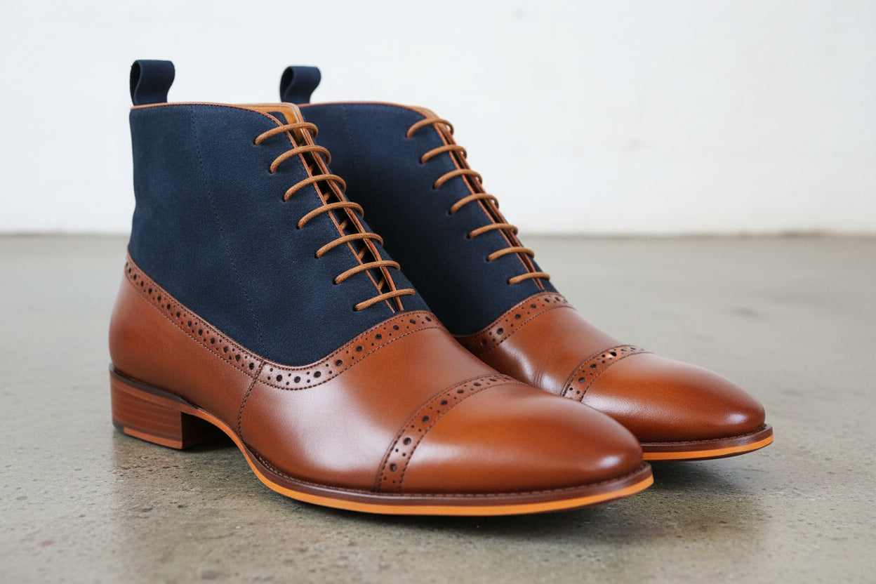 Men Two Tone dress Boot, Tan and Blue Oxford Brogue Boot, Ankle Boots - angle-view-showing-depth