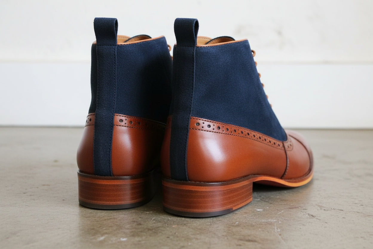 Men Two Tone dress Boot, Tan and Blue Oxford Brogue Boot, Ankle Boots - back-view