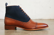Men Two Tone dress Boot, Tan and Blue Oxford Brogue Boot, Ankle Boots - detail-view-showing-texture