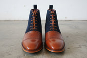 Men Two Tone dress Boot, Tan and Blue Oxford Brogue Boot, Ankle Boots - front-view