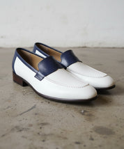 Men Two Tone Formal Shoes, White And Blue Leather Moccasins Loafer - angle-view-showing-depth