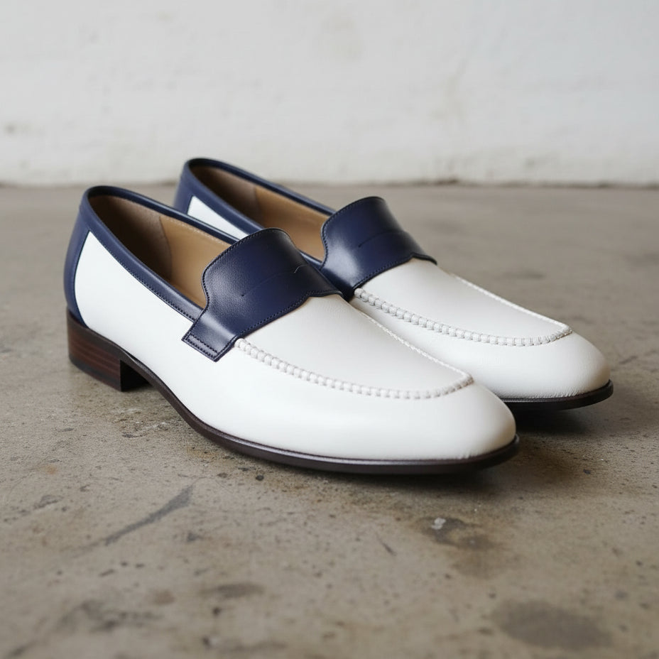 Men Two Tone Formal Shoes, White And Blue Leather Moccasins Loafer - angle-view-showing-depth