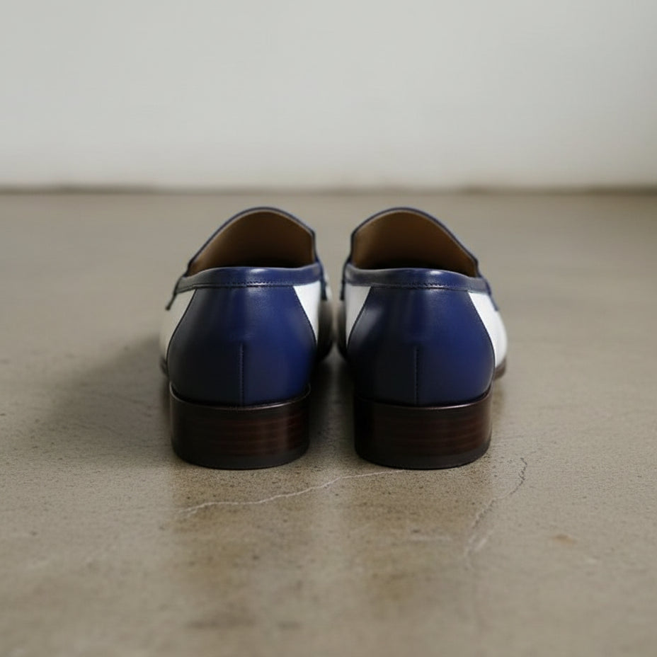 Men Two Tone Formal Shoes, White And Blue Leather Moccasins Loafer - back-view