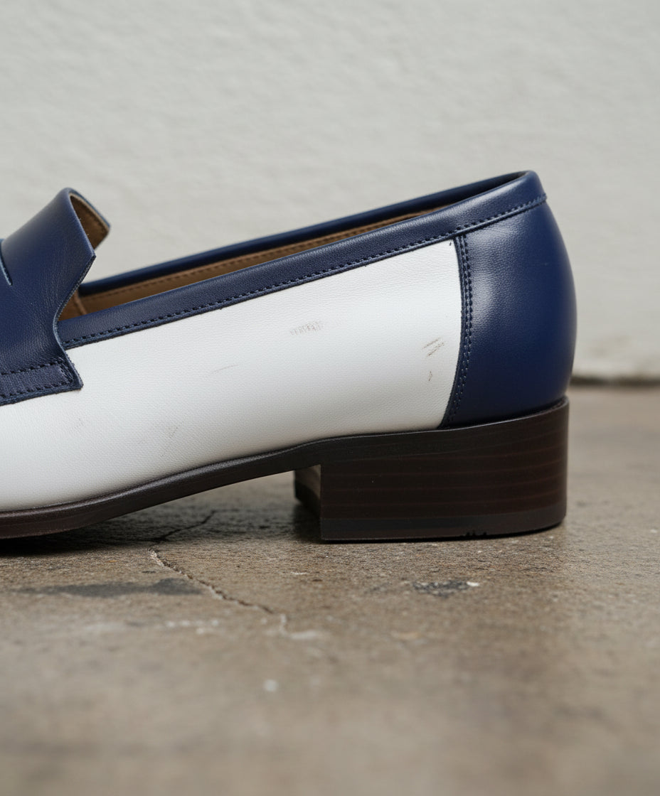 Men Two Tone Formal Shoes, White And Blue Leather Moccasins Loafer - detail-view-showing-texture