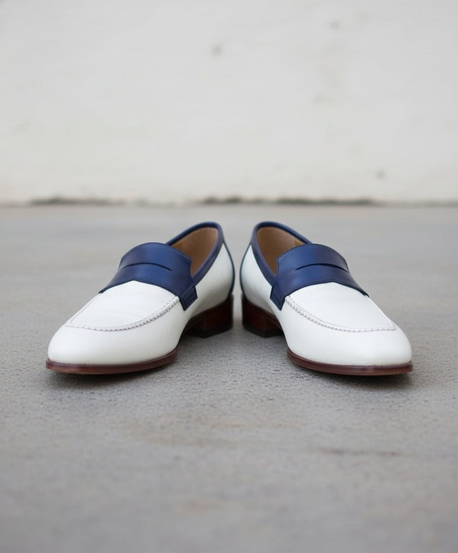 Men Two Tone Formal Shoes, White And Blue Leather Moccasins Loafer - front-view