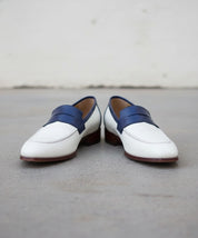 Men Two Tone Formal Shoes, White And Blue Leather Moccasins Loafer - front-view