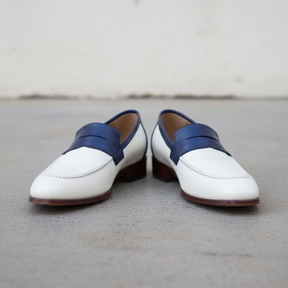 Men Two Tone Formal Shoes, White And Blue Leather Moccasins Loafer - front-view