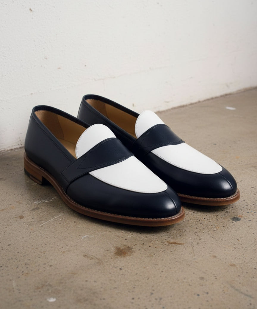 Men Two Tone Spectator dress Shoes Blue and White Leather Loafer moccasins - 3-4-right-view