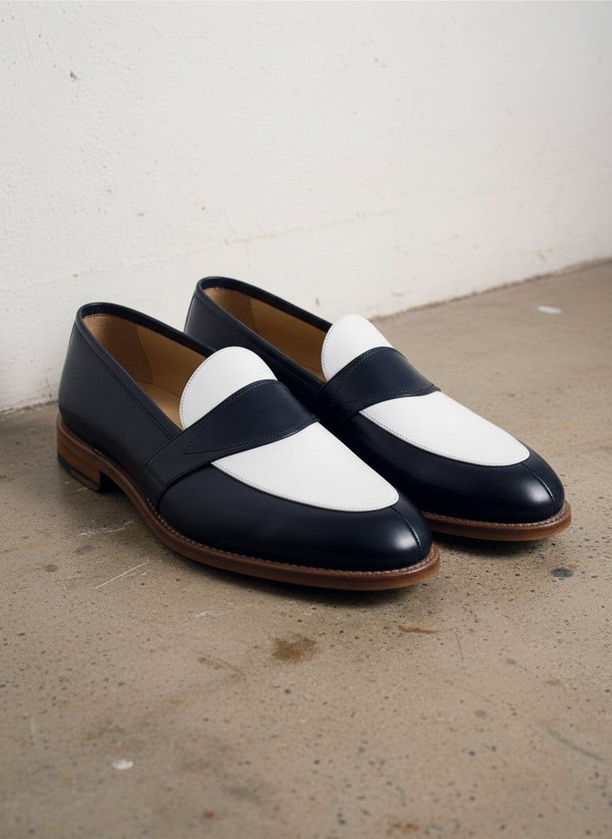 Men Two Tone Spectator dress Shoes Blue and White Leather Loafer moccasins - 3-4-right-view