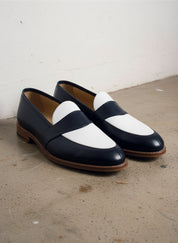 Men Two Tone Spectator dress Shoes Blue and White Leather Loafer moccasins - 3-4-right-view