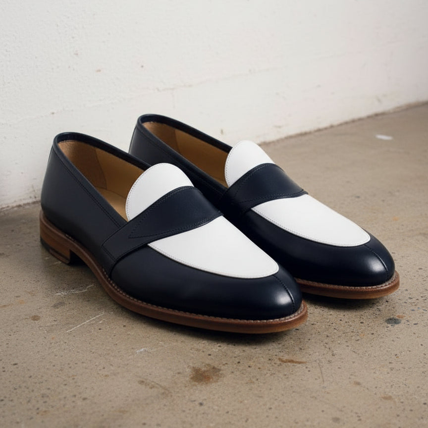 Men Two Tone Spectator dress Shoes Blue and White Leather Loafer moccasins - 3-4-right-view