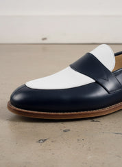 Men Two Tone Spectator dress Shoes Blue and White Leather Loafer moccasins - detail-view-showing-texture